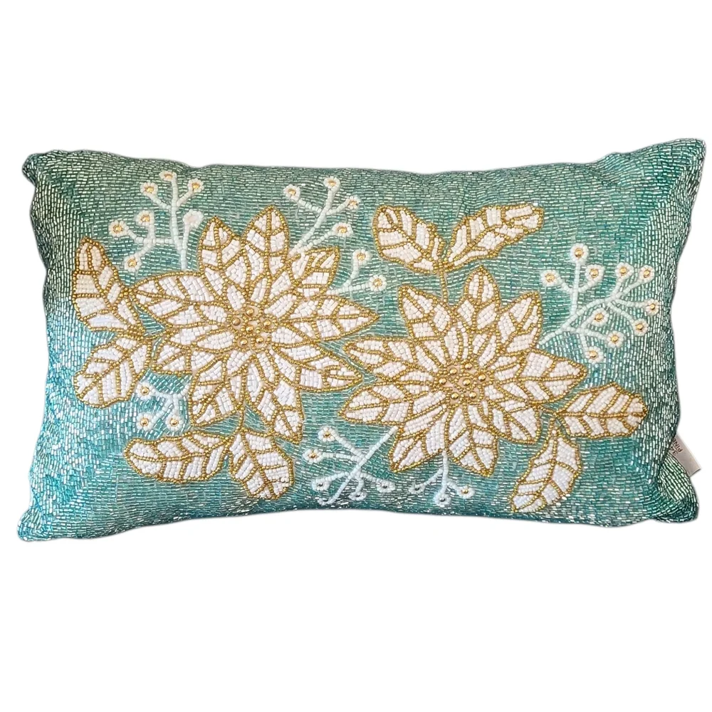 Holiday Floral Beaded Pillow - Teal and Gold Festive Home Gift Modern